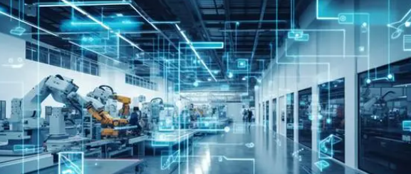 新一代AI人工智能技术助力传统工厂转型智能工厂。效果图